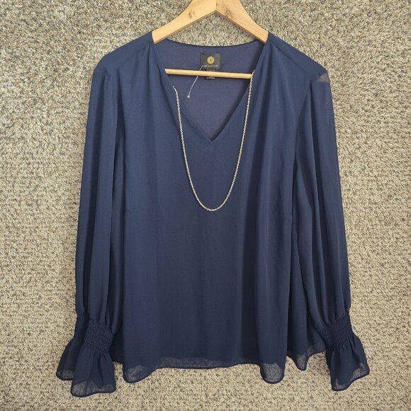 JM Collection Top Womens Plus 2X Navy Blue V Neck Blouse Long Sleeve‎ Sheer - Picture 1 of 7